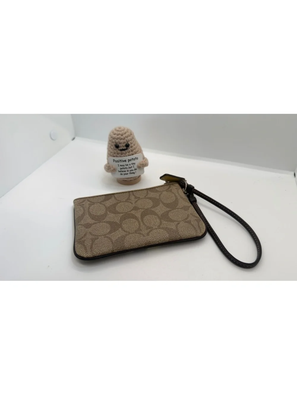 Coach Corner Zip Wristlet Signature Canvas with Stripe Tan/Brown